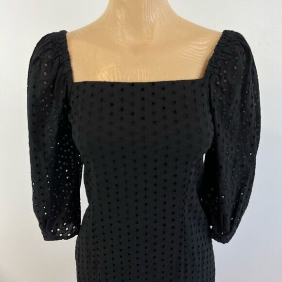 Suzy Shier Women’s XS Black Lined Square Neck Midi Dress Eyelet Puff Sleeve Cute - Picture 2 of 12